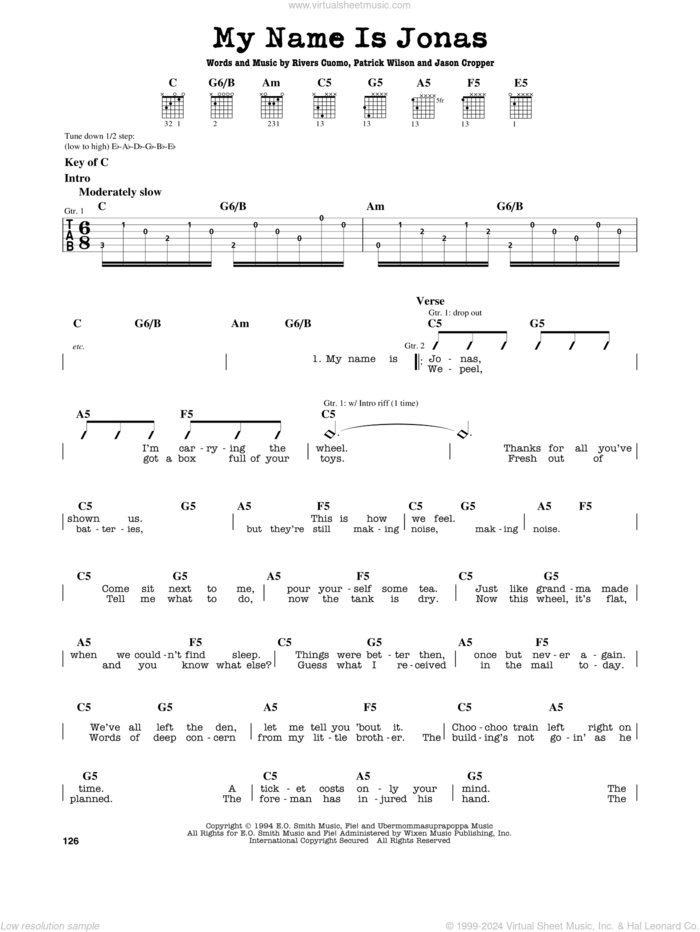 My Name Is Jonas sheet music for guitar solo (lead sheet) by Weezer, Jason Cropper, Patrick Wilson and Rivers Cuomo, intermediate guitar (lead sheet)