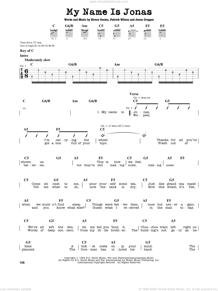 My Name Is Jonas sheet music for guitar solo (lead sheet) by Weezer, Jason Cropper, Patrick Wilson and Rivers Cuomo, intermediate guitar (lead sheet)