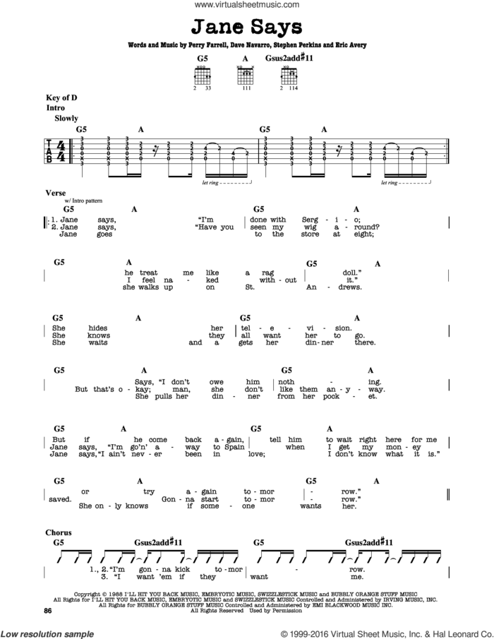Jane Says sheet music for guitar solo (lead sheet) by Jane's Addiction, Dave Navarro, Eric Avery, Perry Farrell and Stephen Perkins, intermediate guitar (lead sheet)