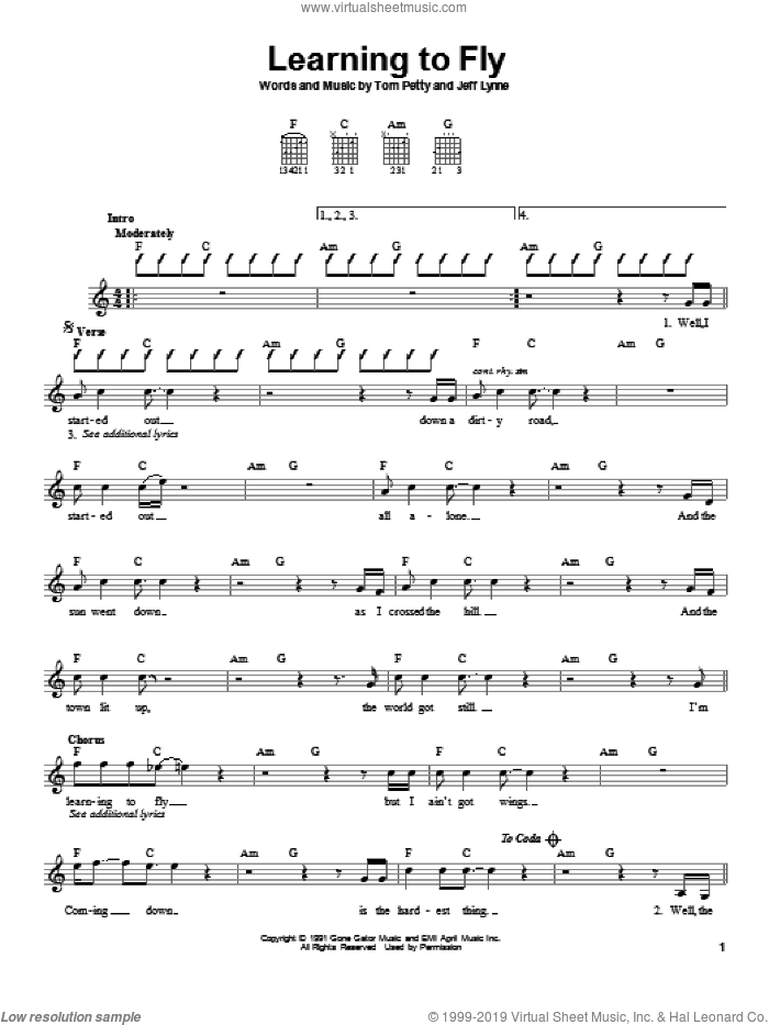 Learning To Fly sheet music for guitar solo (chords) by Tom Petty And The Heartbreakers, Jeff Lynne and Tom Petty, easy guitar (chords)