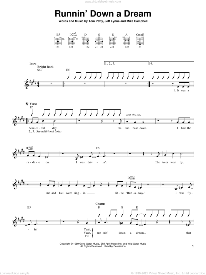Runnin' Down A Dream sheet music for guitar solo (chords) by Tom Petty, Jeff Lynne and Mike Campbell, easy guitar (chords)