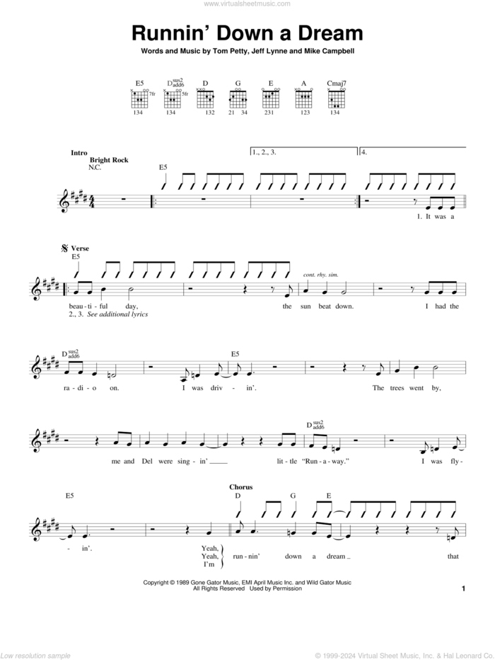 Runnin' Down A Dream sheet music for guitar solo (chords) by Tom Petty, Jeff Lynne and Mike Campbell, easy guitar (chords)