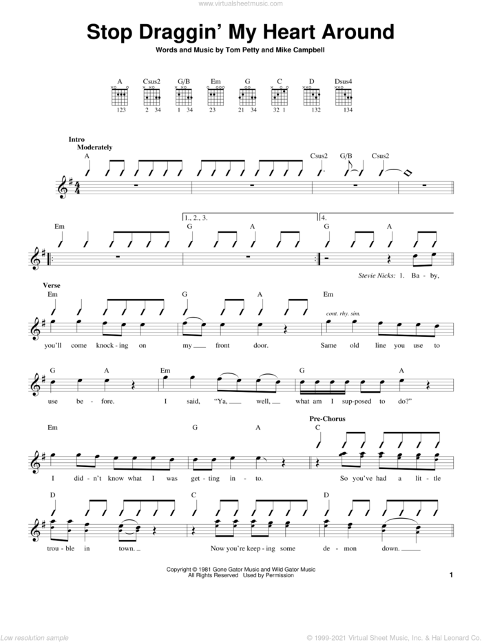 Stop Draggin' My Heart Around sheet music for guitar solo (chords) by Stevie Nicks with Tom Petty, Stevie Nicks, Mike Campbell and Tom Petty, easy guitar (chords)
