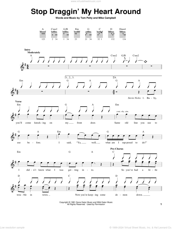 Stop Draggin' My Heart Around sheet music for guitar solo (chords) by Stevie Nicks with Tom Petty, Stevie Nicks, Mike Campbell and Tom Petty, easy guitar (chords)