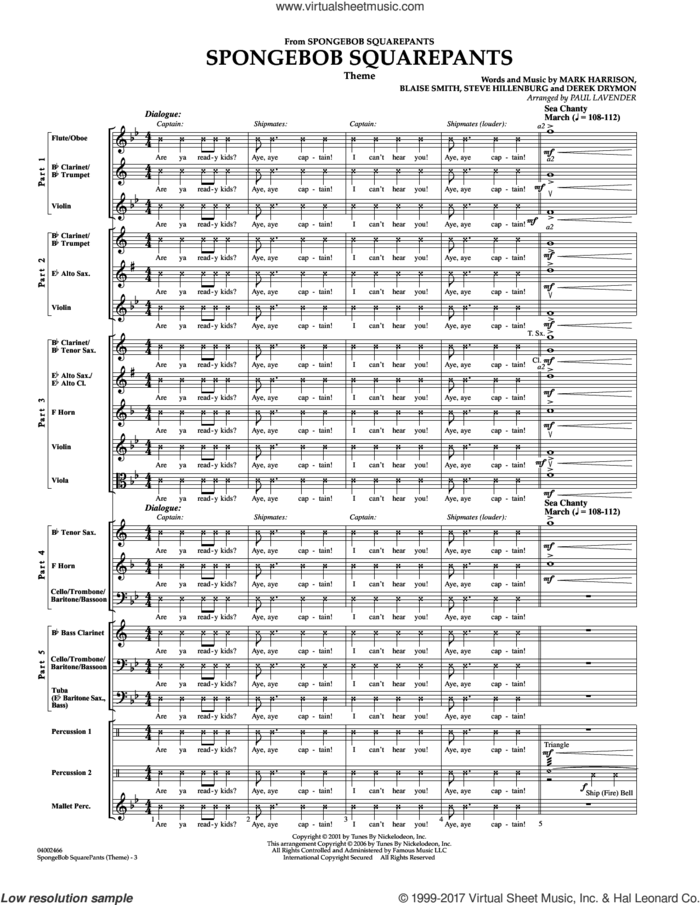 Spongebob Squarepants (COMPLETE) sheet music for concert band by Paul Lavender, Blaise Smith, Derek Drym, Mark Harrison and Steve Hillenburg, intermediate skill level