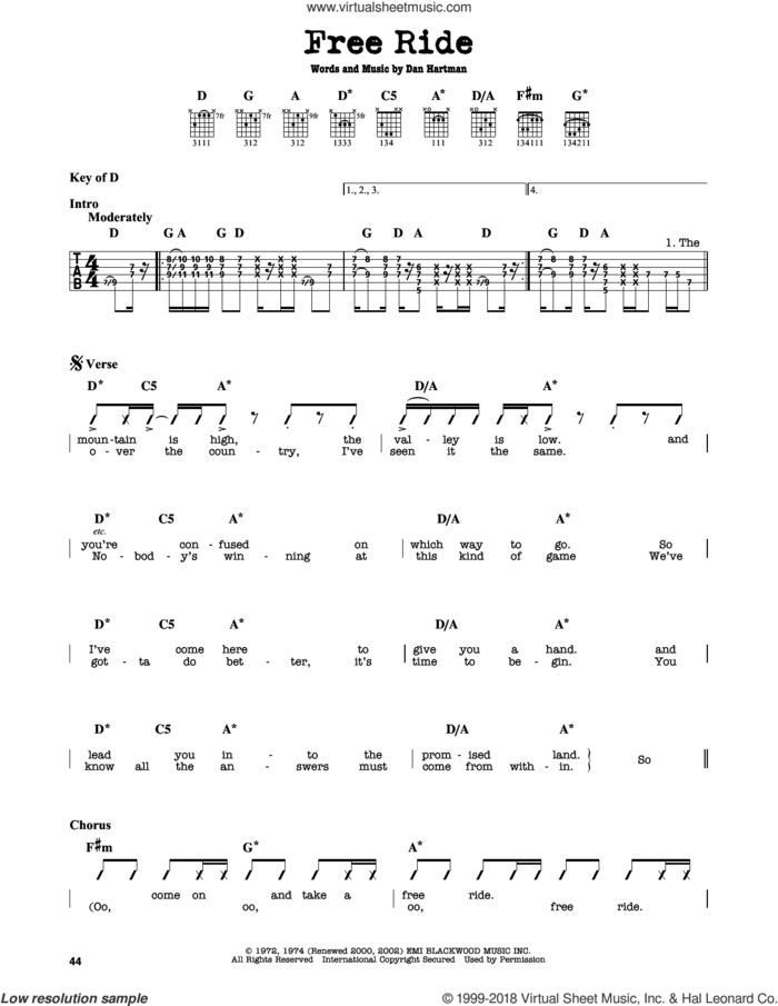 Free Ride sheet music for guitar solo (lead sheet) by Edgar Winter Group and Dan Hartman, intermediate guitar (lead sheet)