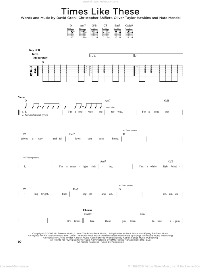 Times Like These sheet music for guitar solo (lead sheet) by Foo Fighters, intermediate guitar (lead sheet)