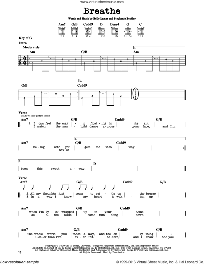 Breathe sheet music for guitar solo (lead sheet) by Faith Hill, Holly Lamar and Stephanie Bentley, intermediate guitar (lead sheet)