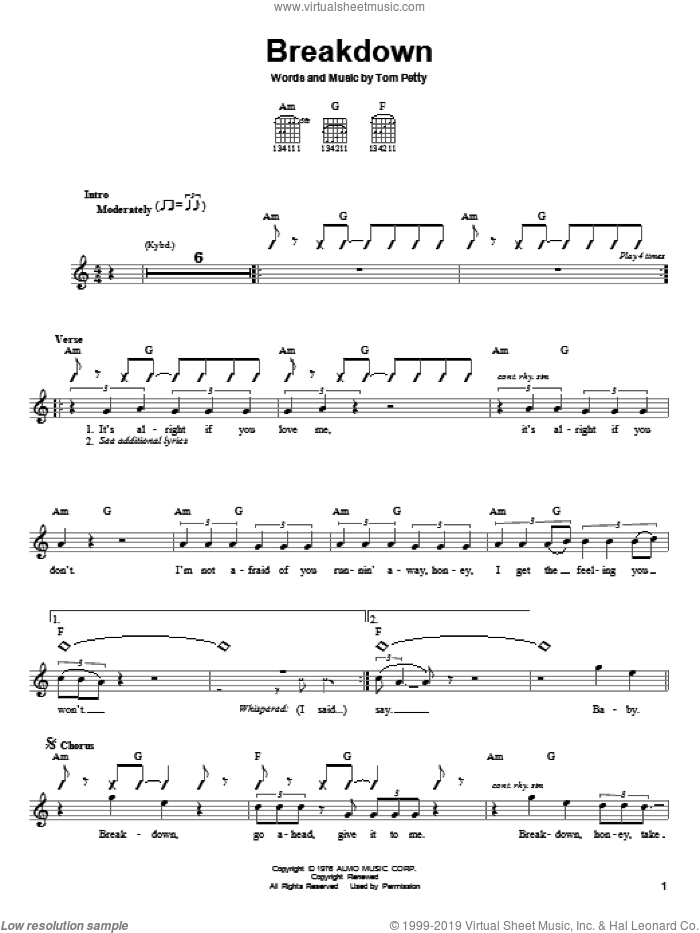 Breakdown sheet music for guitar solo (chords) by Tom Petty And The Heartbreakers and Tom Petty, easy guitar (chords)