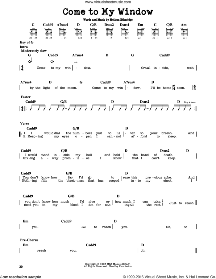 Come To My Window sheet music for guitar solo (lead sheet) by Melissa Etheridge, intermediate guitar (lead sheet)