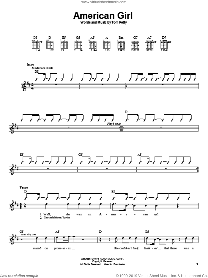 American Girl sheet music for guitar solo (chords) by Tom Petty And The Heartbreakers and Tom Petty, easy guitar (chords)
