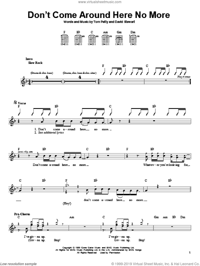 Don't Come Around Here No More sheet music for guitar solo (chords) by Tom Petty And The Heartbreakers, Dave Stewart and Tom Petty, easy guitar (chords)