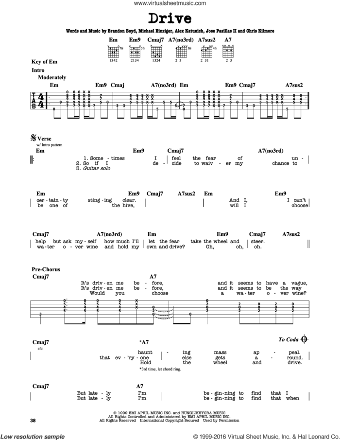 Drive sheet music for guitar solo (lead sheet) by Incubus, Alex Katunich, Brandon Boyd, Chris Kilmore, Jose Pasillas II and Michael Einziger, intermediate guitar (lead sheet)