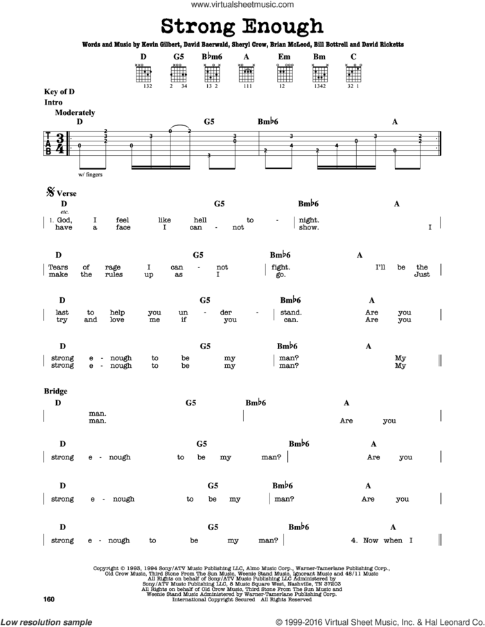 Strong Enough sheet music for guitar solo (lead sheet) by Sheryl Crow, Bill Bottrell, Brian MacLeod, David Baerwald, David Ricketts and Kevin Gilbert, intermediate guitar (lead sheet)