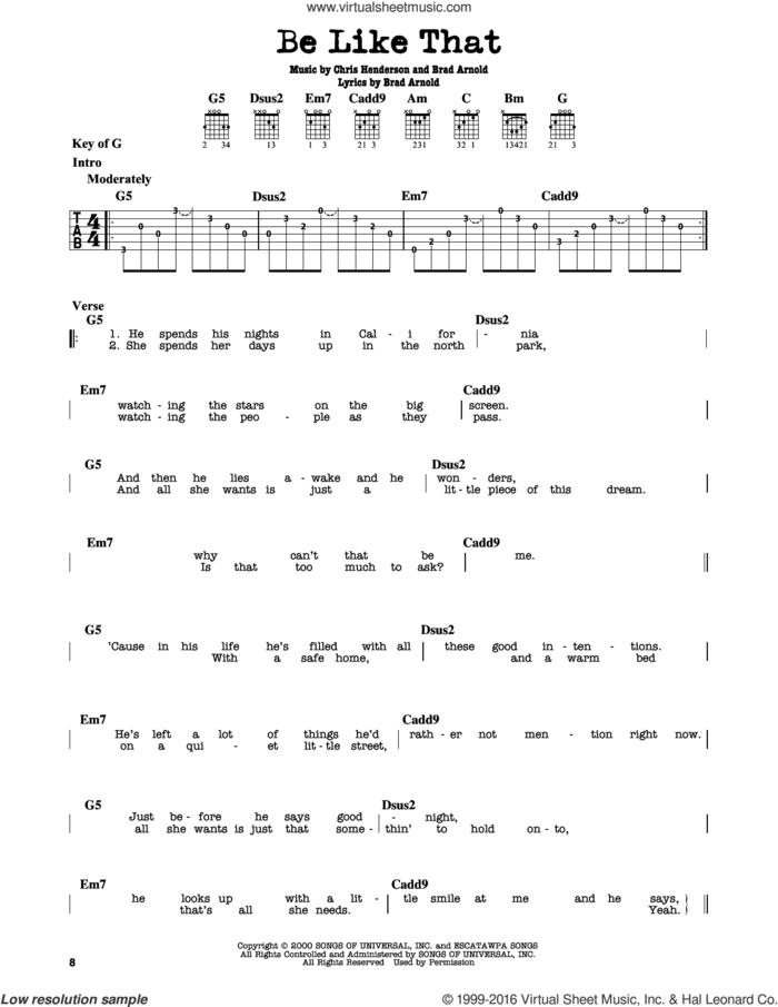 Be Like That sheet music for guitar solo (lead sheet) by 3 Doors Down, Brad Arnold and Chris Henderson, intermediate guitar (lead sheet)
