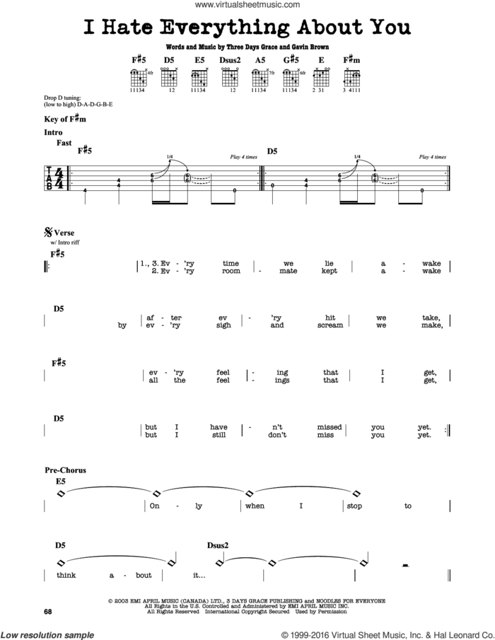 I Hate Everything About You sheet music for guitar solo (lead sheet) by Three Days Grace and Gavin Brown, intermediate guitar (lead sheet)