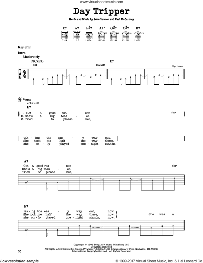 Day Tripper sheet music for guitar solo (lead sheet) by The Beatles, John Lennon and Paul McCartney, intermediate guitar (lead sheet)