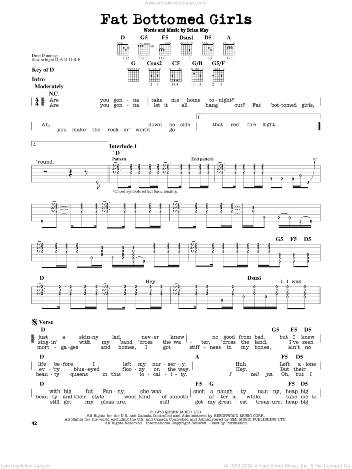 Fat Bottomed Girls sheet music for guitar solo (lead sheet) by Queen and Brian May, intermediate guitar (lead sheet)
