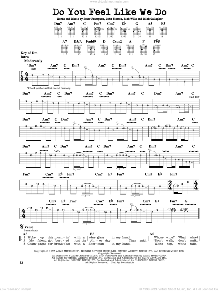 Do You Feel Like We Do sheet music for guitar solo (lead sheet) by Peter Frampton, John Siomos, Mick Gallagher and Rick Wills, intermediate guitar (lead sheet)