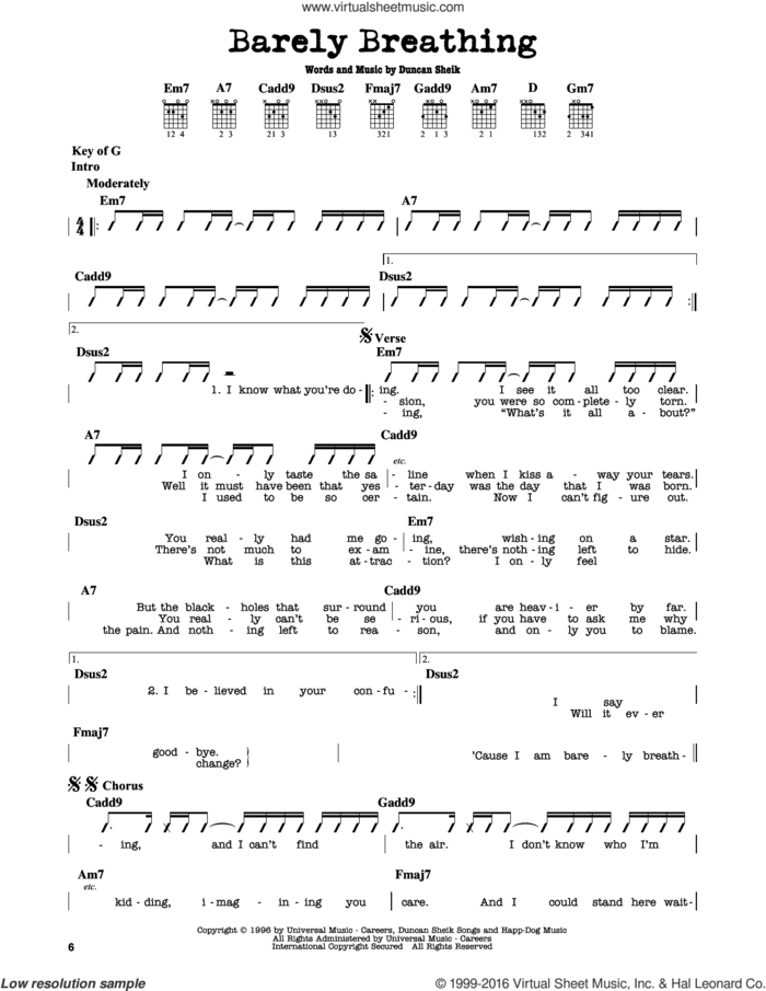 Barely Breathing sheet music for guitar solo (lead sheet) by Duncan Sheik, intermediate guitar (lead sheet)