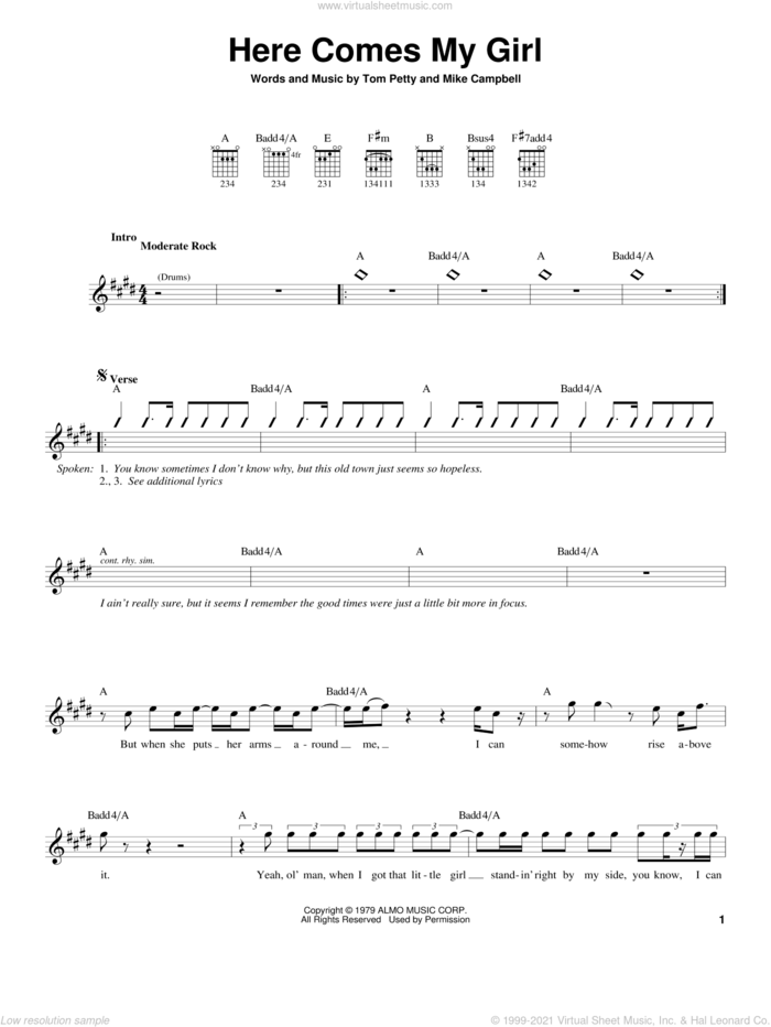 Here Comes My Girl sheet music for guitar solo (chords) by Tom Petty And The Heartbreakers, Mike Campbell and Tom Petty, easy guitar (chords)