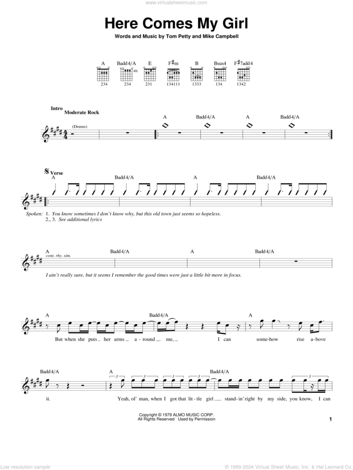 Here Comes My Girl sheet music for guitar solo (chords) by Tom Petty And The Heartbreakers, Mike Campbell and Tom Petty, easy guitar (chords)