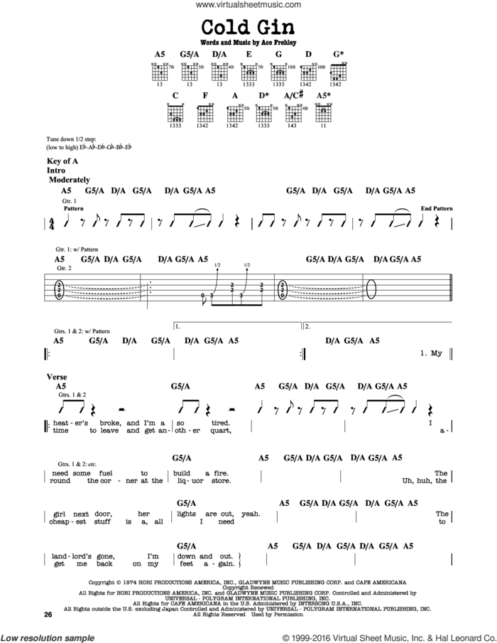 Cold Gin sheet music for guitar solo (lead sheet) by KISS and Ace Frehley, intermediate guitar (lead sheet)