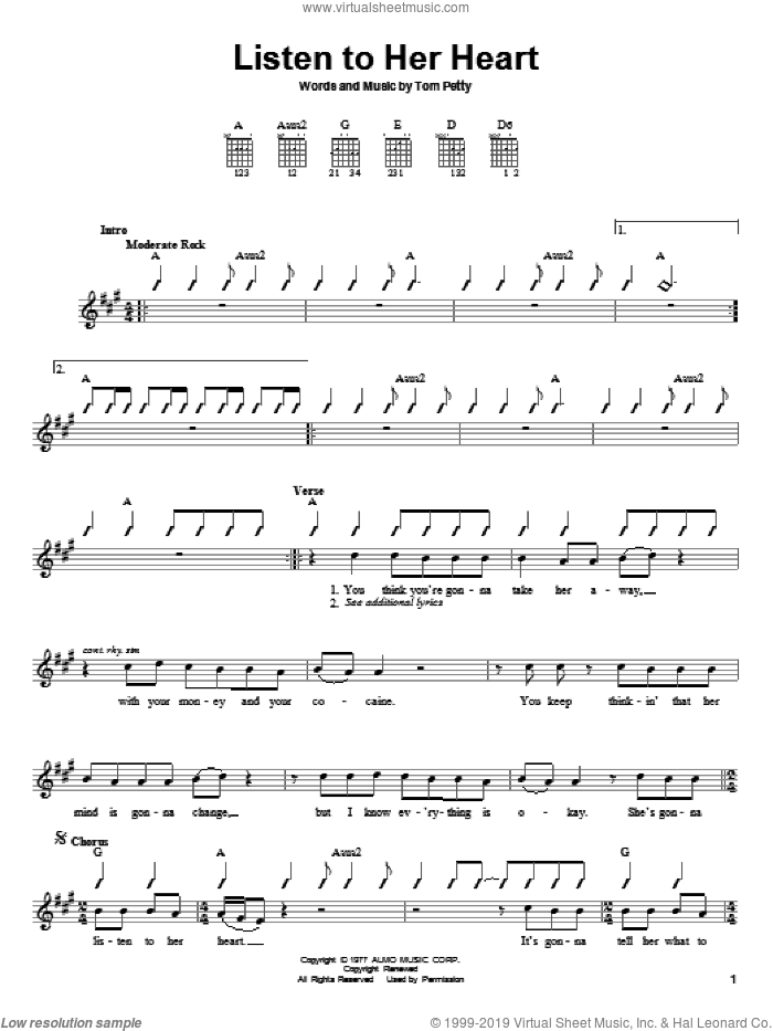 Listen To Her Heart sheet music for guitar solo (chords) by Tom Petty And The Heartbreakers and Tom Petty, easy guitar (chords)