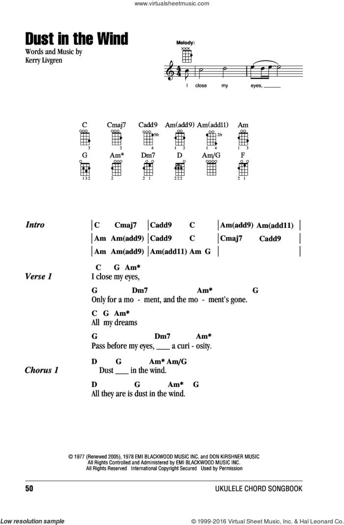 Dust In The Wind sheet music for ukulele (chords) by Kansas and Kerry Livgren, intermediate skill level