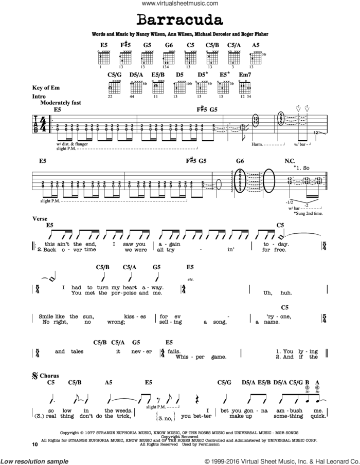 Barracuda sheet music for guitar solo (lead sheet) by Heart, Ann Wilson, Michael Derosier, Nancy Wilson and Roger Fisher, intermediate guitar (lead sheet)