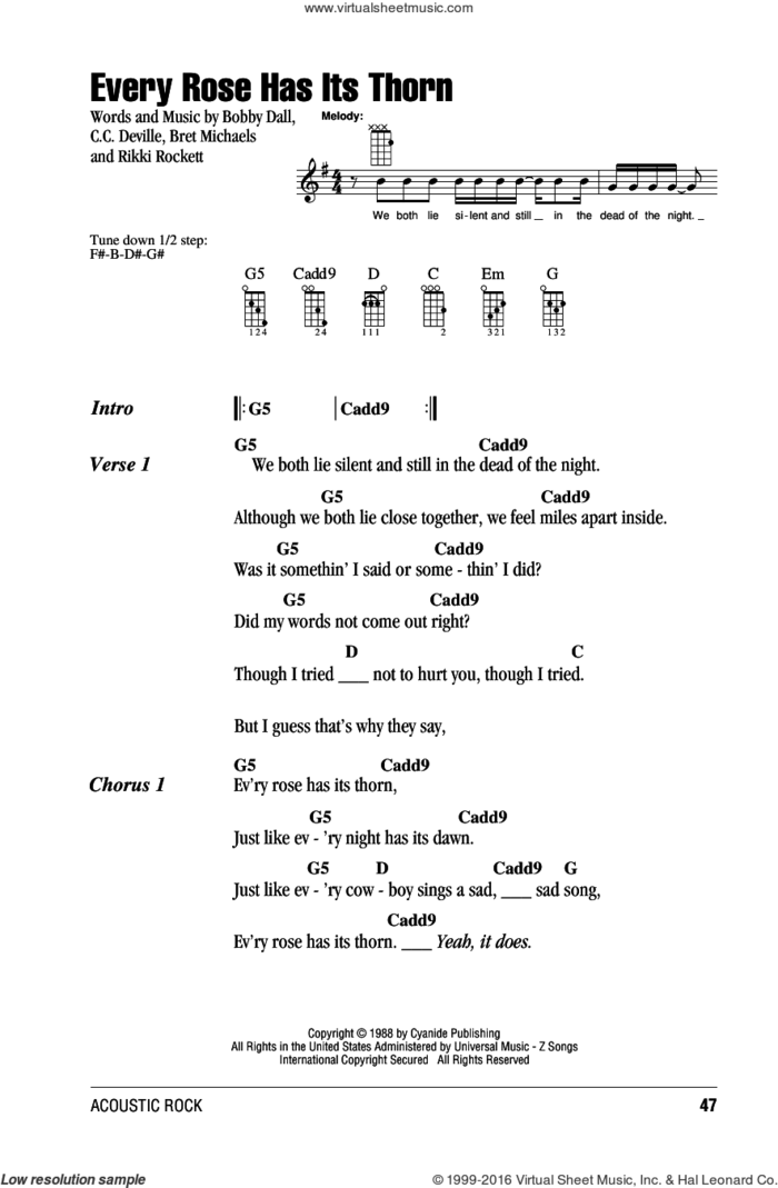 Every Rose Has Its Thorn sheet music for ukulele (chords) by Poison, Bobby Dall, Bret Michaels, C.C. Deville and Rikki Rockett, intermediate skill level