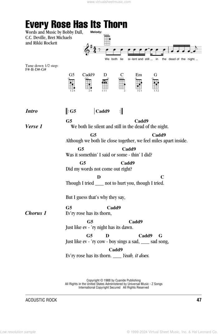 Every Rose Has Its Thorn sheet music for ukulele (chords) by Poison, Bobby Dall, Bret Michaels, C.C. Deville and Rikki Rockett, intermediate skill level