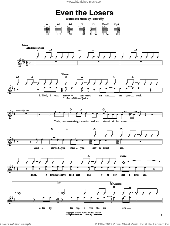 Even The Losers sheet music for guitar solo (chords) by Tom Petty And The Heartbreakers and Tom Petty, easy guitar (chords)