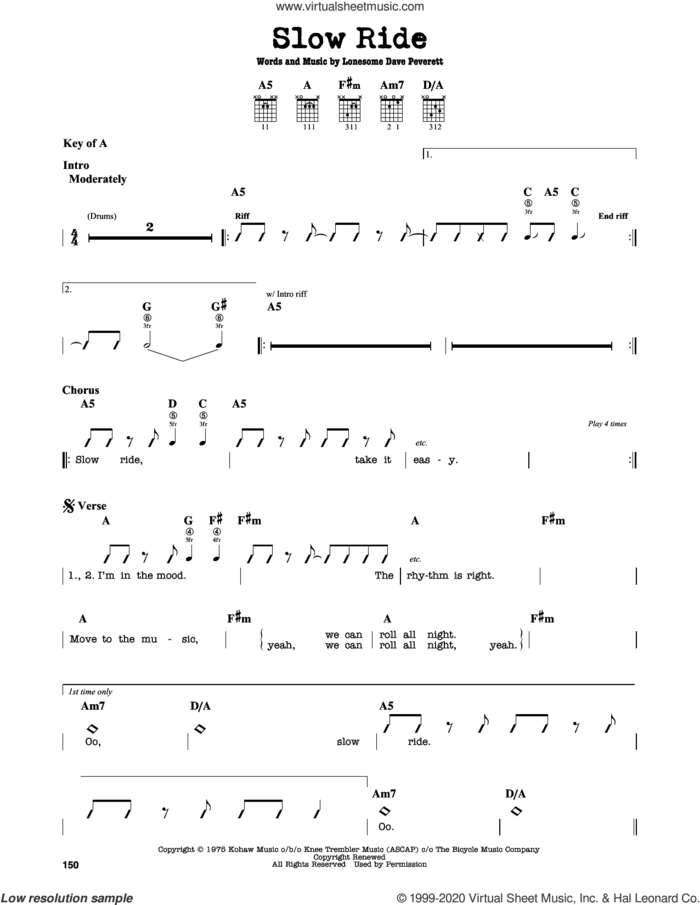 Slow Ride sheet music for guitar solo (lead sheet) by Foghat and Lonesome Dave Peverett, intermediate guitar (lead sheet)