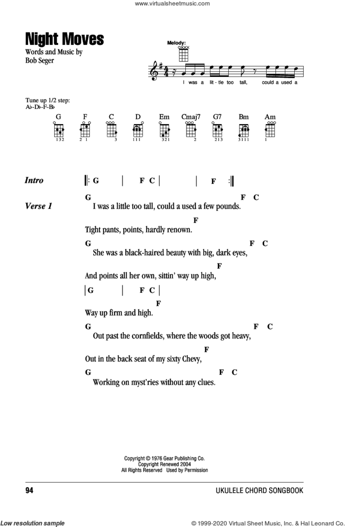 Night Moves sheet music for ukulele (chords) by Bob Seger, intermediate skill level