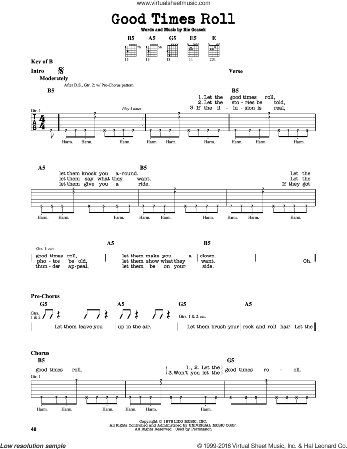 Good Times Roll sheet music for guitar solo (lead sheet) by The Cars, Powerman 5000 and Ric Ocasek, intermediate guitar (lead sheet)