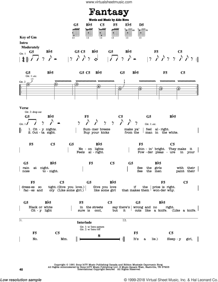Fantasy sheet music for guitar solo (lead sheet) by Aldo Nova, intermediate guitar (lead sheet)
