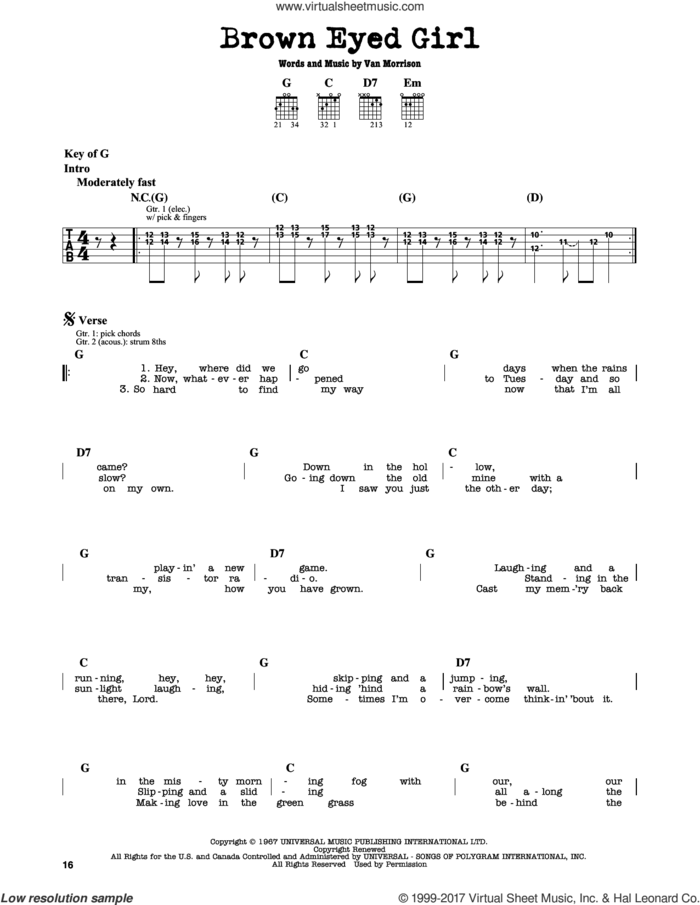 Brown Eyed Girl sheet music for guitar solo (lead sheet) by Van Morrison, intermediate guitar (lead sheet)