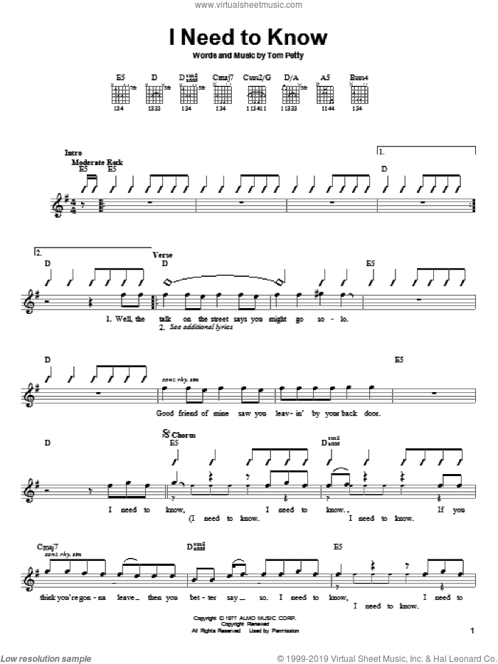 I Need To Know sheet music for guitar solo (chords) by Tom Petty And The Heartbreakers and Tom Petty, easy guitar (chords)