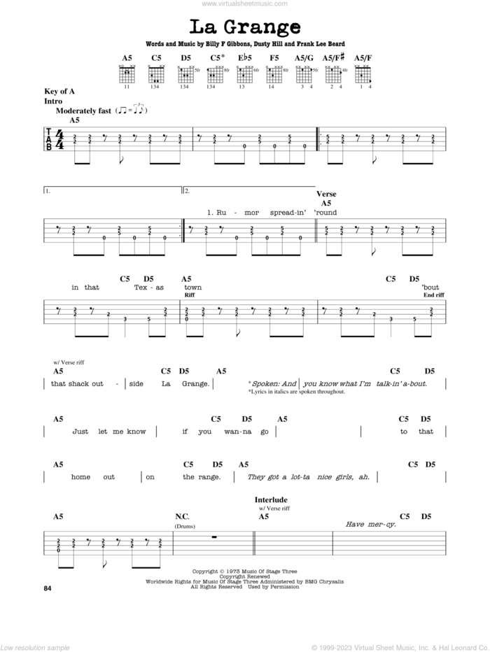 La Grange sheet music for guitar solo (lead sheet) by ZZ Top, Billy Gibbons, Dusty Hill and Frank Beard, intermediate guitar (lead sheet)