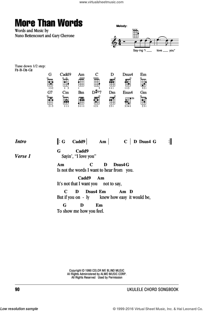 More Than Words sheet music for ukulele (chords) by Extreme, Gary Cherone and Nuno Bettencourt, intermediate skill level