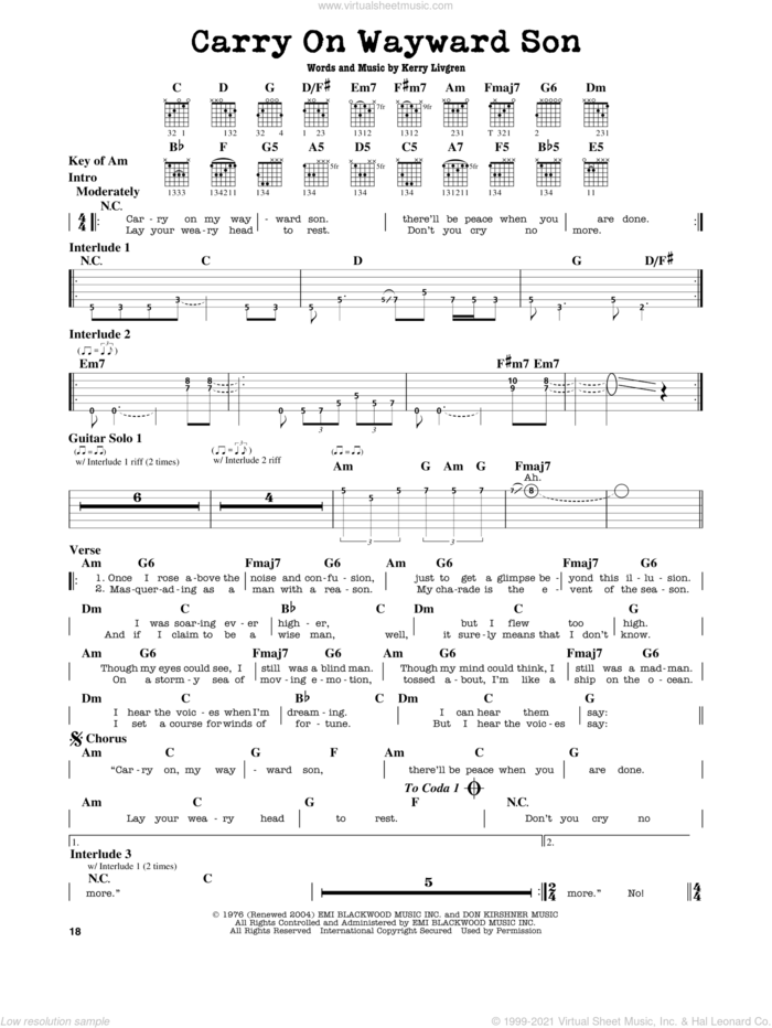 Carry On Wayward Son sheet music for guitar solo (lead sheet) by Kansas and Kerry Livgren, intermediate guitar (lead sheet)