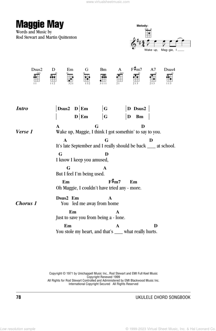 Maggie May sheet music for ukulele (chords) by Rod Stewart and Martin Quittenton, intermediate skill level
