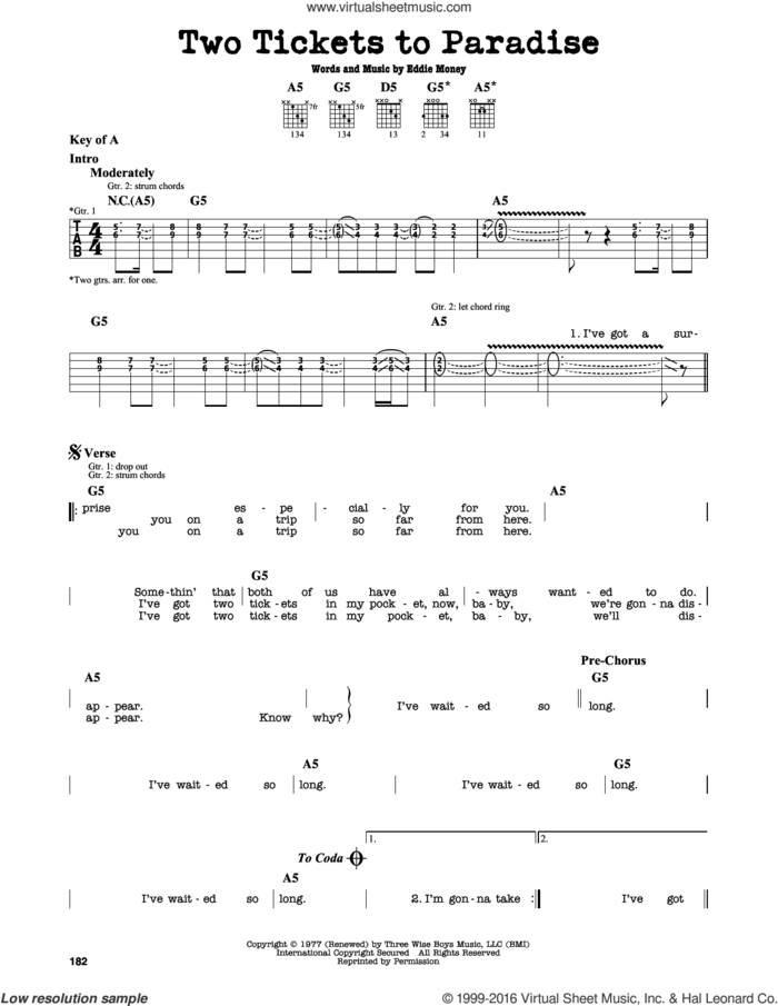 Two Tickets To Paradise sheet music for guitar solo (lead sheet) by Eddie Money, intermediate guitar (lead sheet)