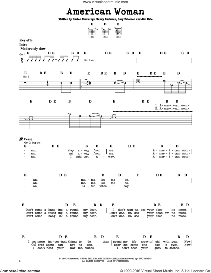 American Woman sheet music for guitar solo (lead sheet) by The Guess Who, Lenny Kravitz, Burton Cummings, Garry Peterson, Jim Kale and Randy Bachman, intermediate guitar (lead sheet)