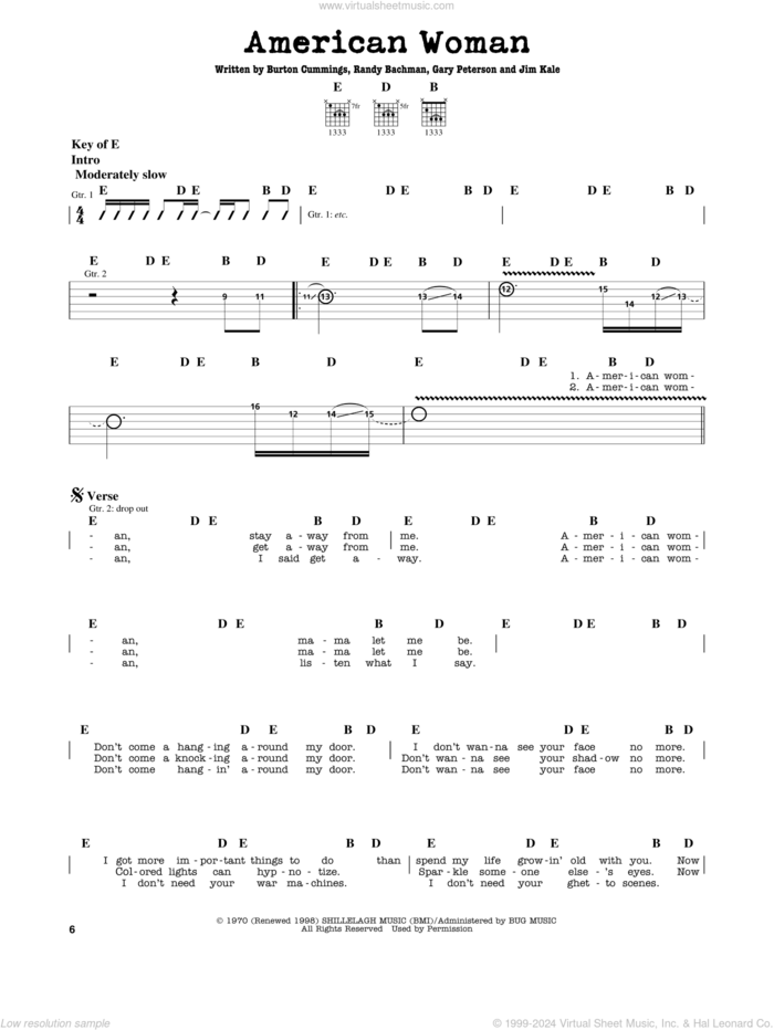 American Woman sheet music for guitar solo (lead sheet) by The Guess Who, Lenny Kravitz, Burton Cummings, Garry Peterson, Jim Kale and Randy Bachman, intermediate guitar (lead sheet)