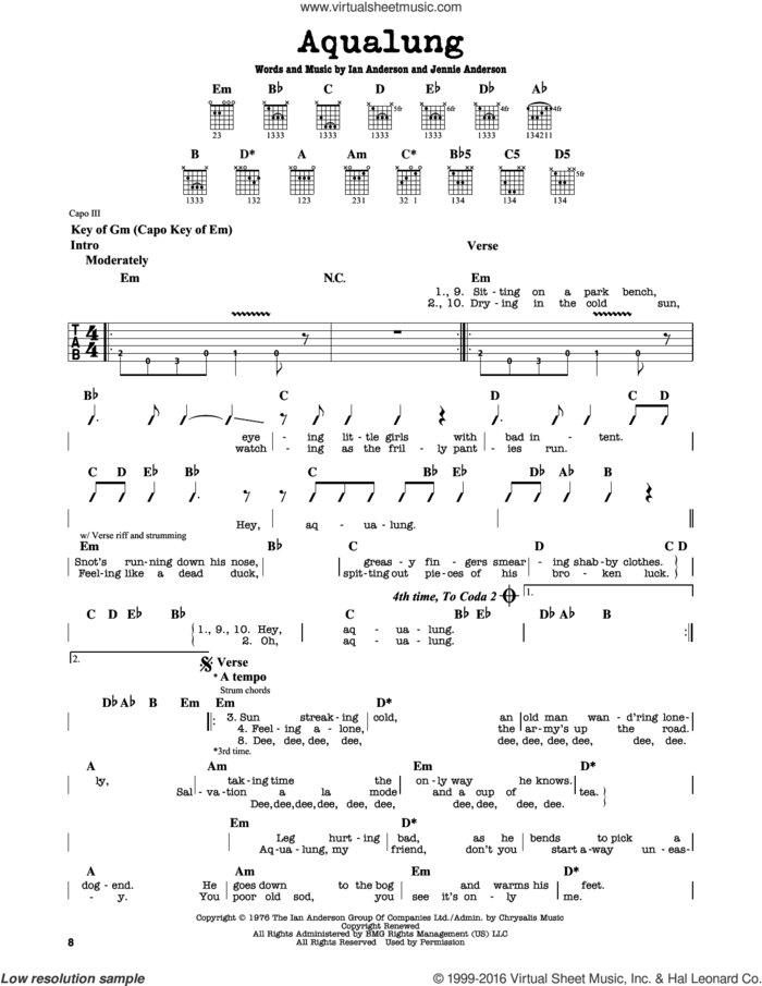 Aqualung sheet music for guitar solo (lead sheet) by Jethro Tull, Ian Anderson and Jennie Anderson, intermediate guitar (lead sheet)