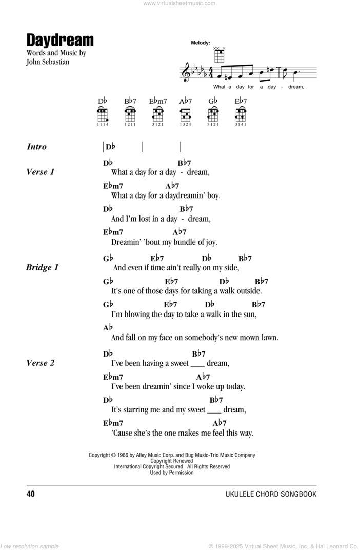 Daydream sheet music for ukulele (chords) by Lovin' Spoonful and John Sebastian, intermediate skill level