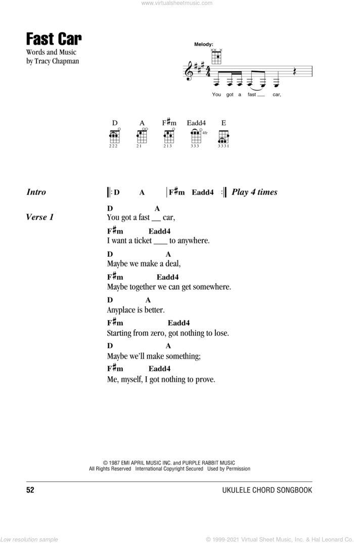 Fast Car sheet music for ukulele (chords) by Tracy Chapman, intermediate skill level