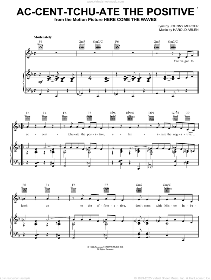 Ac-cent-tchu-ate The Positive sheet music for voice, piano or guitar by Bing Crosby, Harold Arlen and Johnny Mercer, intermediate skill level